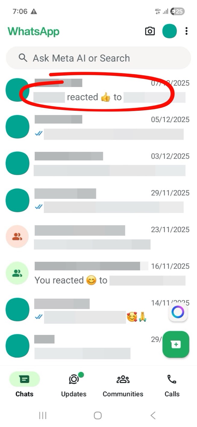 WhatsApp chat list showing conversations
