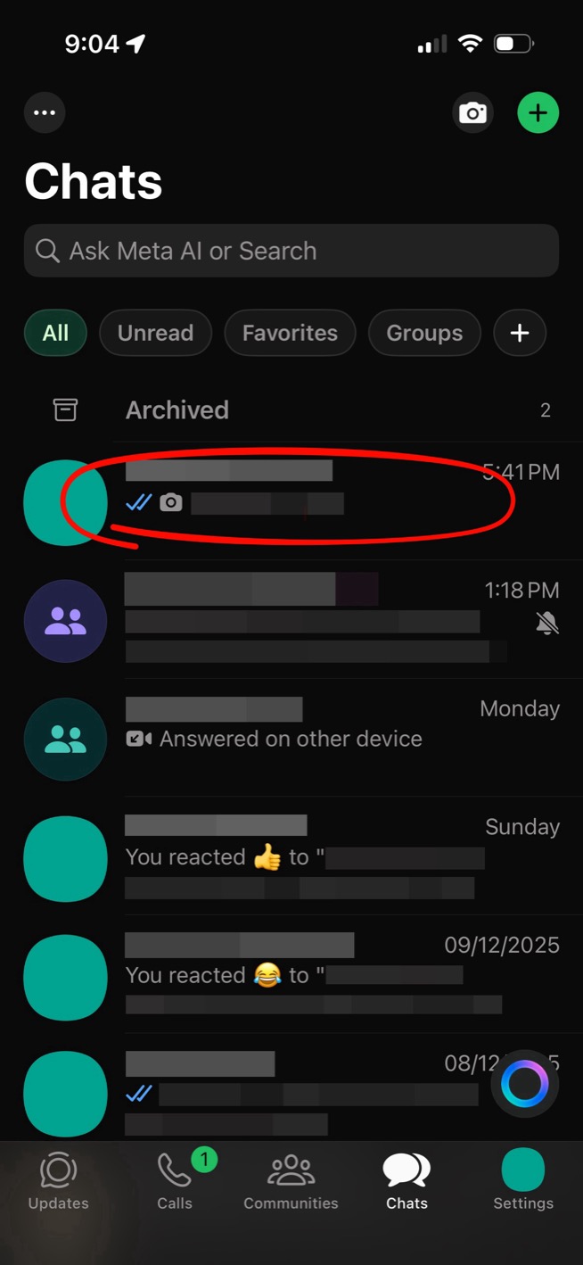WhatsApp chat list showing conversations