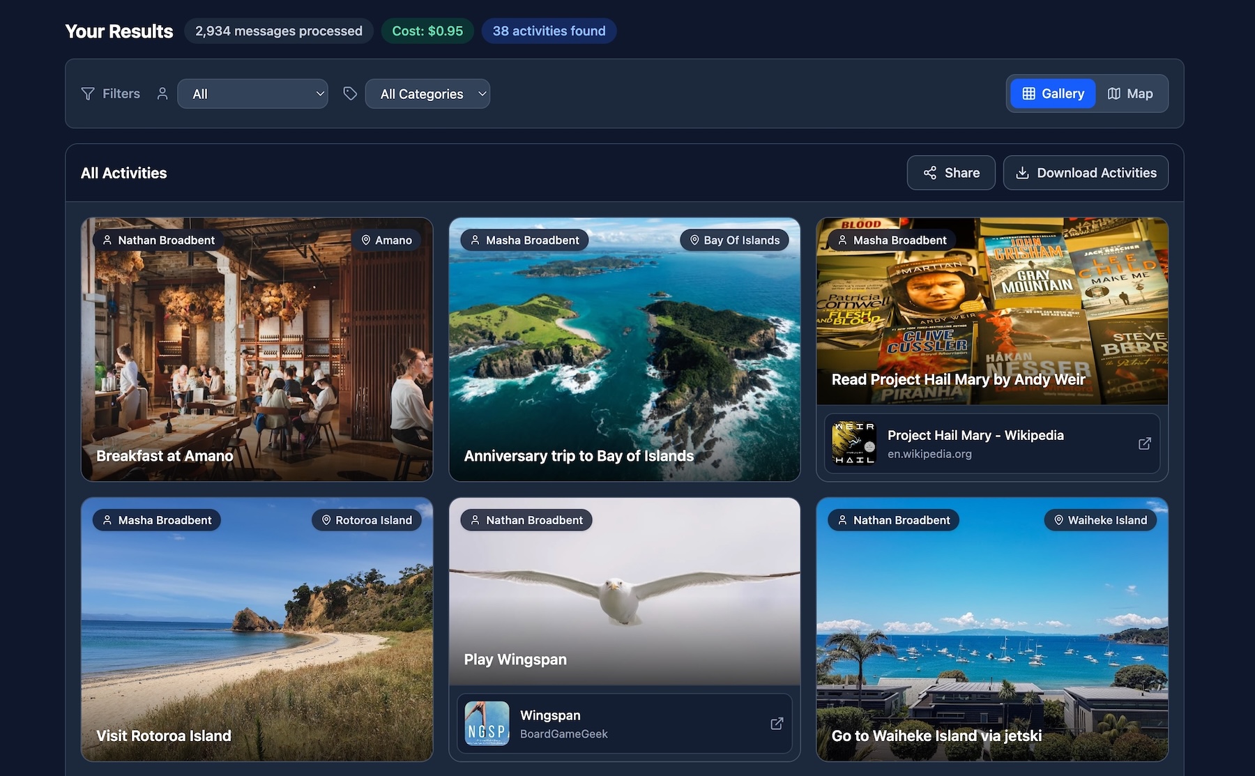 ChatToMap results showing activities on a map with filters and download options