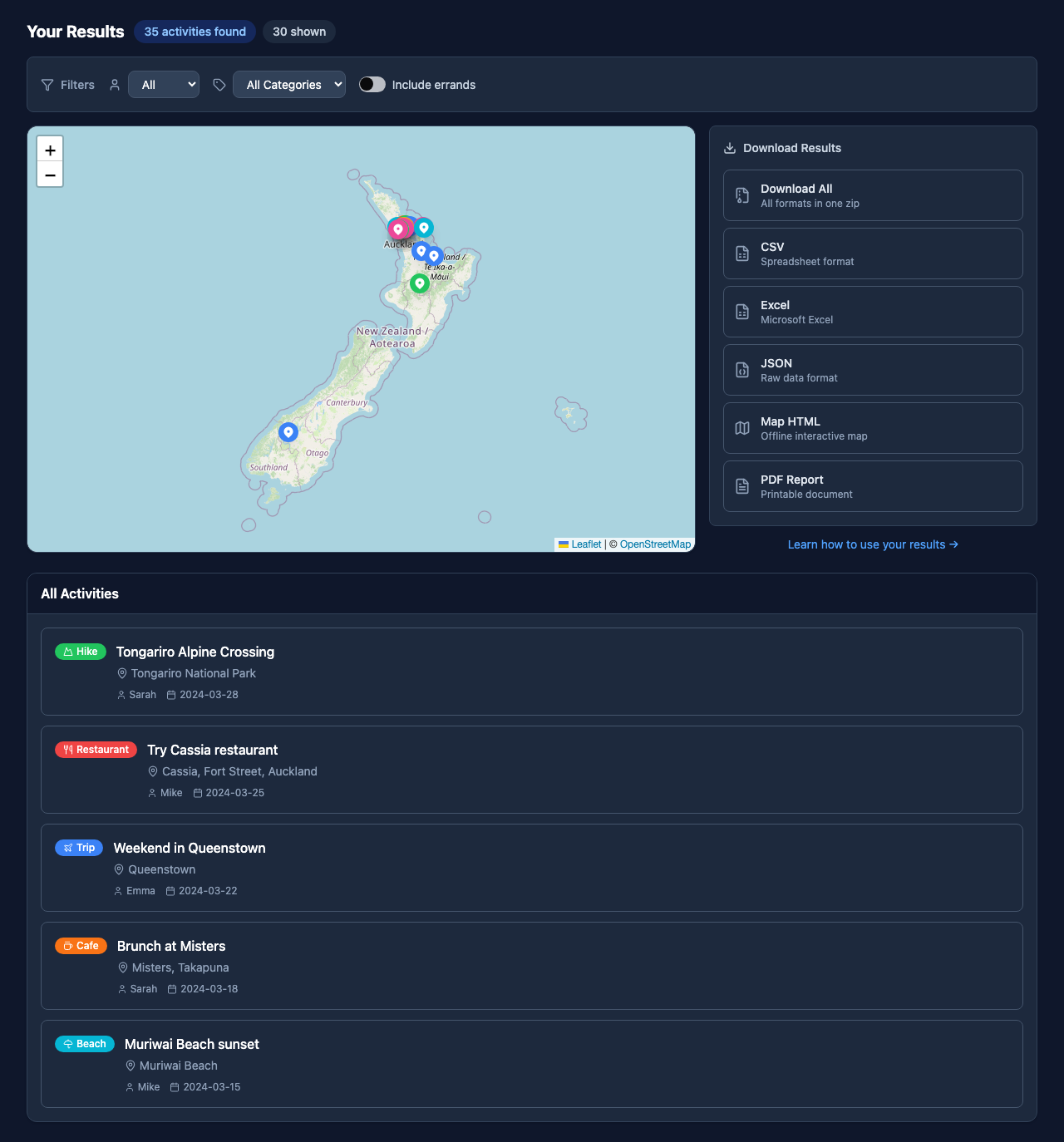 ChatToMap results showing activities on a map with filters and download options
